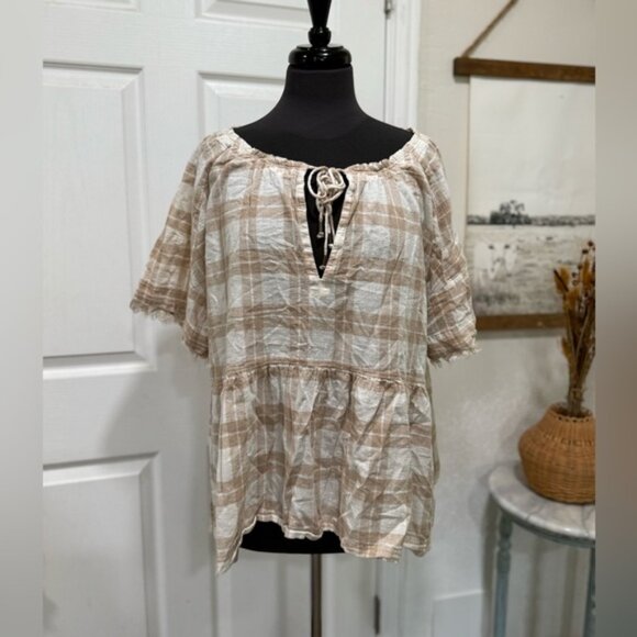 Anthropologie Beige and White Plaid Blouse - Picture 1 of 2